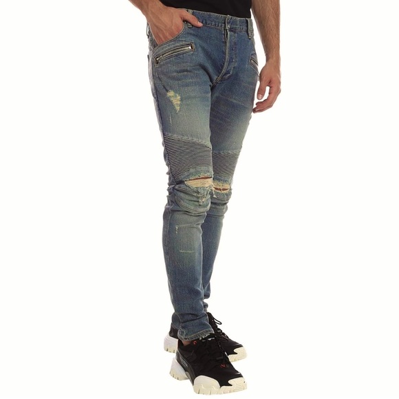 Pierre Balmain Mens Destructed Ribbed‎ Biker Jeans 34/33 - Picture 1 of 13